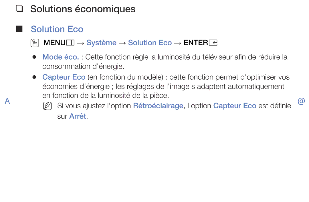 Samsung UE32K5100AWXZF, UE40K5100AWXZF manual Solutions économiques , OO MENUm → Système → Solution Eco → Entere 